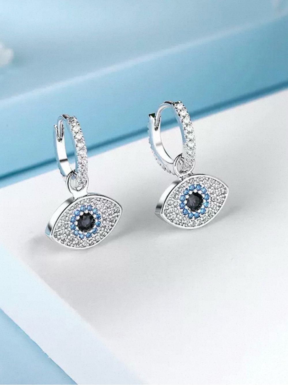 Silver Blue Evil Eye Huggie Hoop Earrings